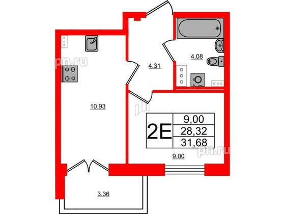 Квартира в ЖК Новоантропшино, 1 комнатная, 30 м², 7 этаж