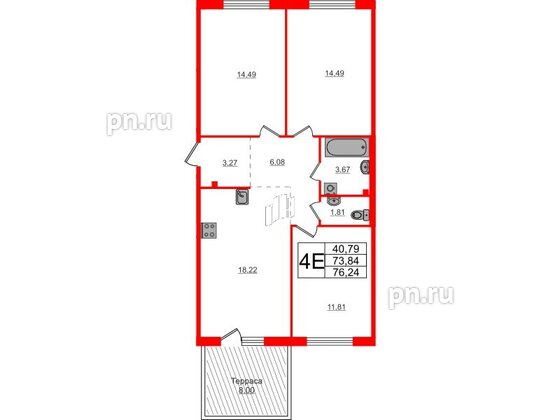 Квартира в ЖК Счастье 2.0, 3 комнатная, 76.2 м², 1 этаж