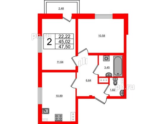 Квартира в ЖК Ново-Антропшино, 2 комнатная, 45.76 м², 2 этаж