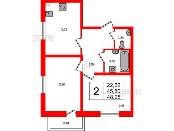 Квартира в ЖК Новоантропшино, 2 комнатная, 46.54 м², 1 этаж