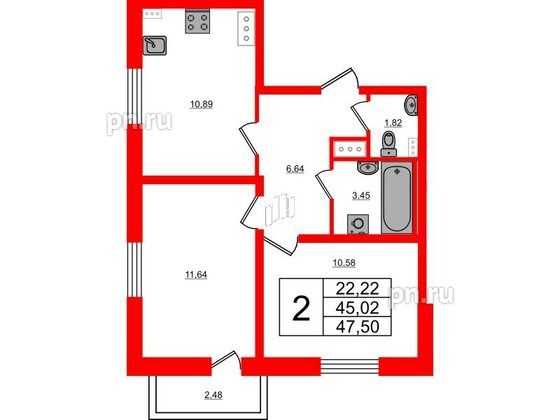 Квартира в ЖК Ново-Антропшино, 2 комнатная, 45.76 м², 2 этаж