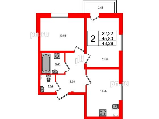 Квартира в ЖК Новоантропшино, 2 комнатная, 46.54 м², 1 этаж