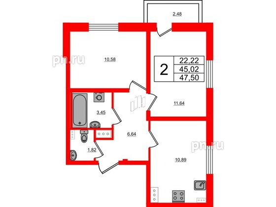 Квартира в ЖК Ново-Антропшино, 2 комнатная, 45.76 м², 2 этаж