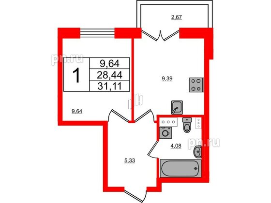 Квартира в ЖК Ново-Антропшино, 1 комнатная, 29.24 м², 6 этаж