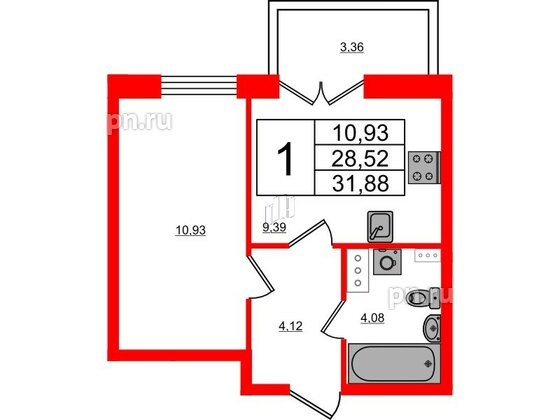 Квартира в ЖК Ново-Антропшино, 1 комнатная, 29.53 м², 2 этаж