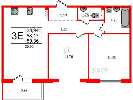 Квартира в ЖК Счастье 2.0, 2 комнатная, 59.4 м², 5 этаж