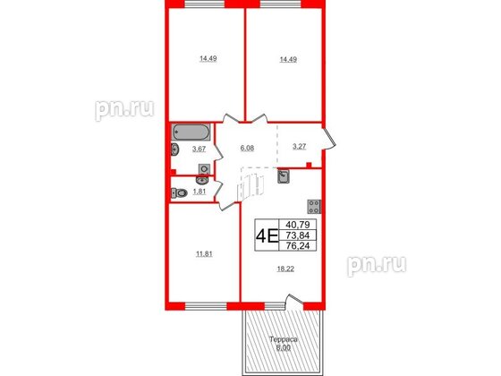 Квартира в ЖК Счастье 2.0, 3 комнатная, 76.2 м², 1 этаж