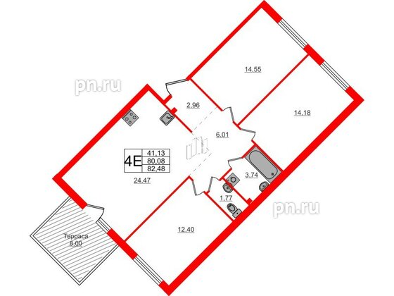 Квартира в ЖК Счастье 2.0, 3 комнатная, 82.5 м², 1 этаж