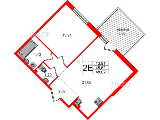 Квартира в ЖК Счастье 2.0, 1 комнатная, 48 м², 1 этаж