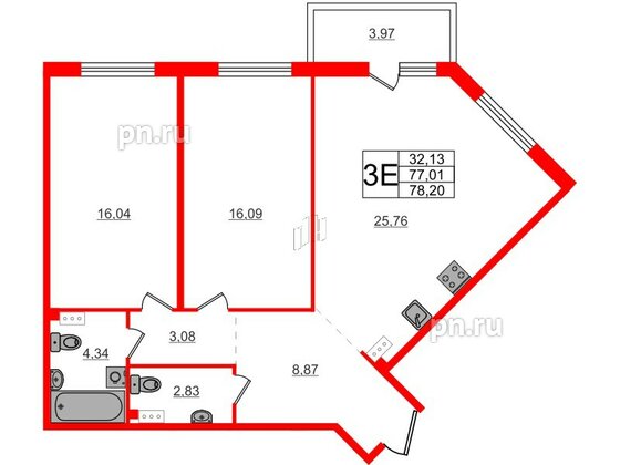 Квартира в ЖК Счастье 2.0, 2 комнатная, 78.3 м², 3 этаж