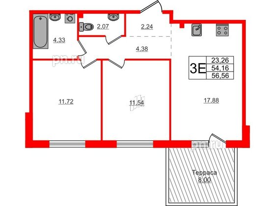 Квартира в ЖК Счастье 2.0, 2 комнатная, 56.6 м², 1 этаж