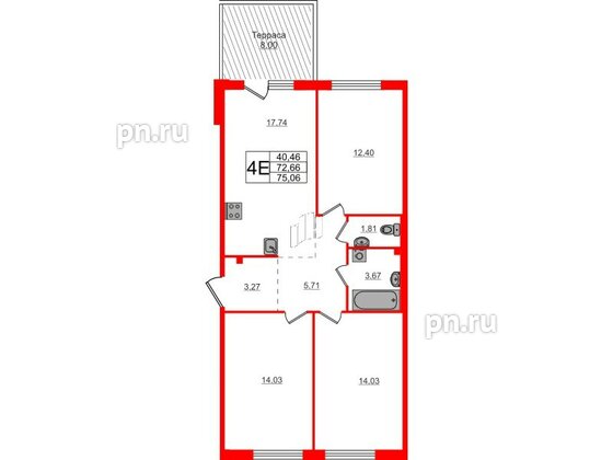 Квартира в ЖК Счастье 2.0, 3 комнатная, 75.1 м², 1 этаж