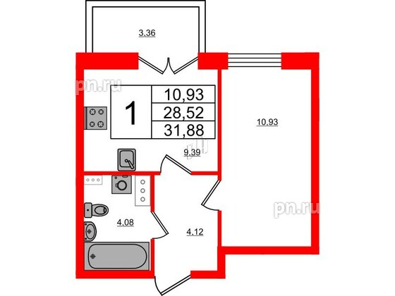 Квартира в ЖК Ново-Антропшино, 1 комнатная, 29.53 м², 2 этаж