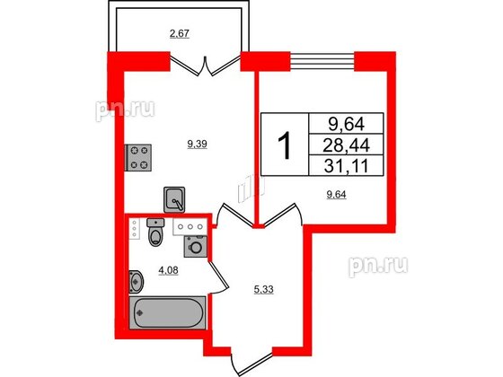 Квартира в ЖК Ново-Антропшино, 1 комнатная, 29.24 м², 6 этаж