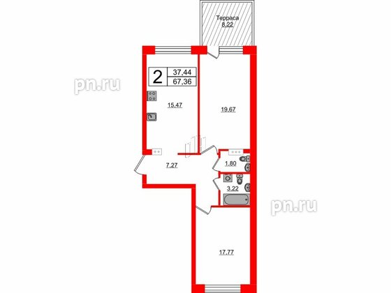 Квартира в ЖК Счастье 2.0, 2 комнатная, 67.36 м², 1 этаж