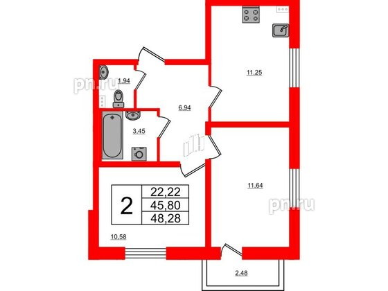 Квартира в ЖК Новоантропшино, 2 комнатная, 46.54 м², 1 этаж