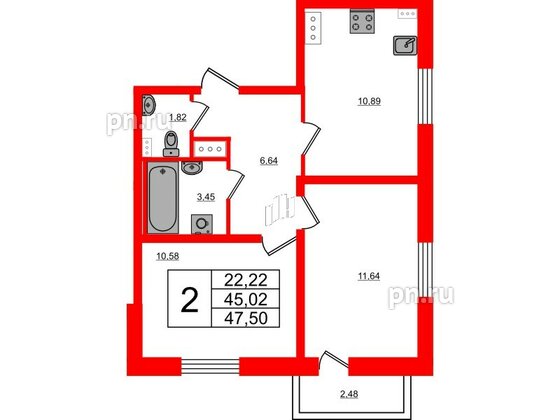 Квартира в ЖК Новоантропшино, 2 комнатная, 45.76 м², 2 этаж