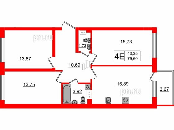 Квартира в ЖК Счастье 2.0, 3 комнатная, 79.6 м², 5 этаж