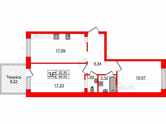 Квартира в ЖК Счастье 2.0, 2 комнатная, 68.5 м², 1 этаж