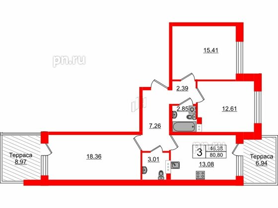 Квартира в ЖК Счастье 2.0, 3 комнатная, 80.8 м², 1 этаж