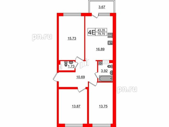 Квартира в ЖК Счастье 2.0, 3 комнатная, 79.7 м², 4 этаж