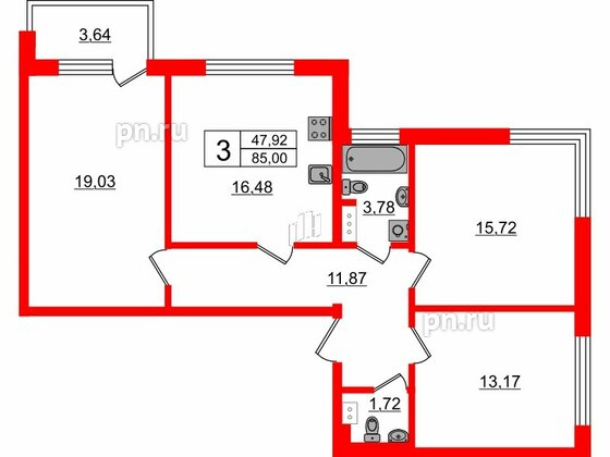 Квартира в ЖК Счастье 2.0, 3 комнатная, 85 м², 2 этаж