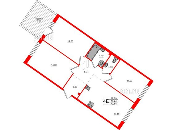 Квартира в ЖК Счастье 2.0, 3 комнатная, 72.64 м², 1 этаж