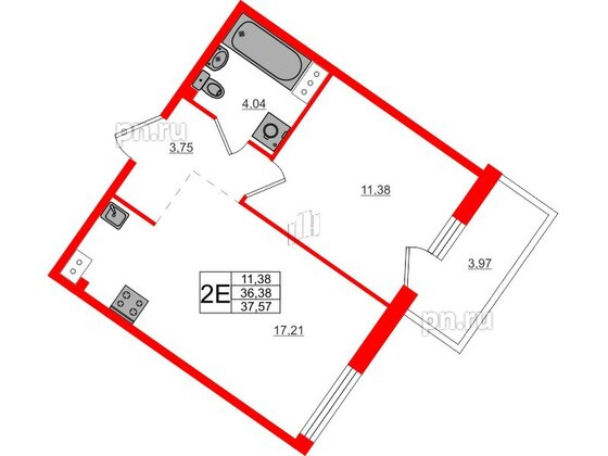 Квартира в ЖК Счастье 2.0, 1 комнатная, 37.57 м², 3 этаж