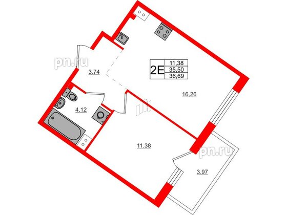 Квартира в ЖК Счастье 2.0, 1 комнатная, 36.69 м², 2 этаж