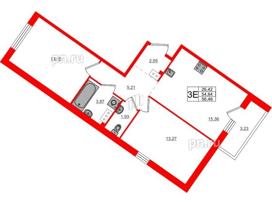 Квартира в ЖК Счастье 2.0, 2 комнатная, 56.46 м², 5 этаж