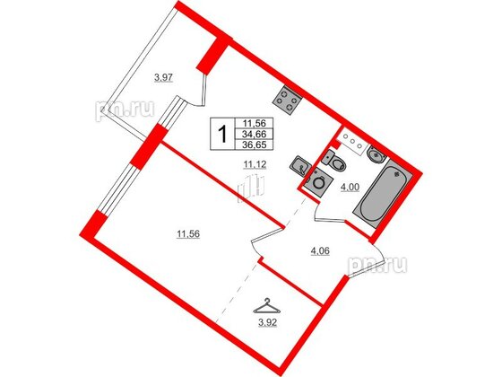 Квартира в ЖК Счастье 2.0, 1 комнатная, 36.65 м², 2 этаж