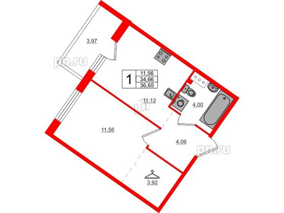 Квартира в ЖК Счастье 2.0, 1 комнатная, 36.65 м², 4 этаж