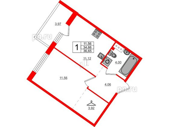 Квартира в ЖК Счастье 2.0, 1 комнатная, 36.65 м², 5 этаж