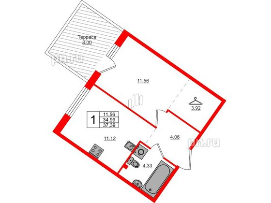 Квартира в ЖК Счастье 2.0, 1 комнатная, 37.39 м², 1 этаж