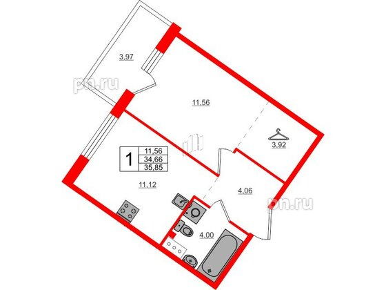 Квартира в ЖК Счастье 2.0, 1 комнатная, 35.85 м², 2 этаж