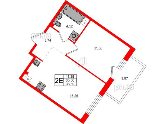 Квартира в ЖК Счастье 2.0, 1 комнатная, 36.69 м², 2 этаж