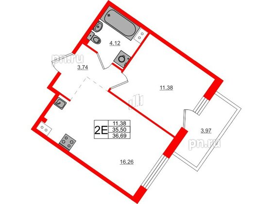 Квартира в ЖК Счастье 2.0, 1 комнатная, 36.69 м², 3 этаж