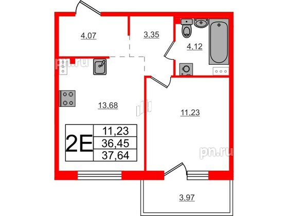 Квартира в ЖК Счастье 2.0, 1 комнатная, 37.64 м², 2 этаж