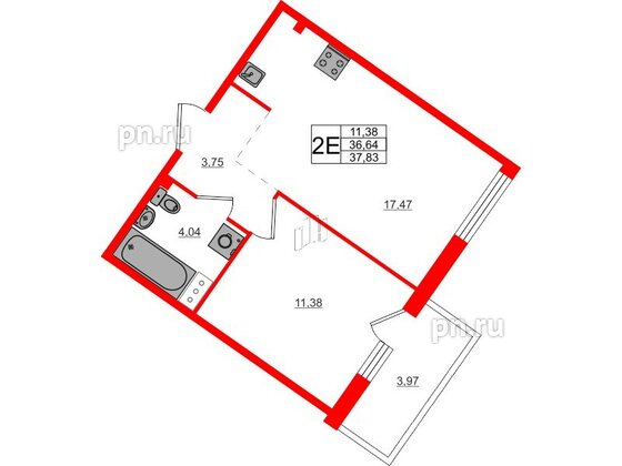 Квартира в ЖК Счастье 2.0, 1 комнатная, 37.57 м², 2 этаж