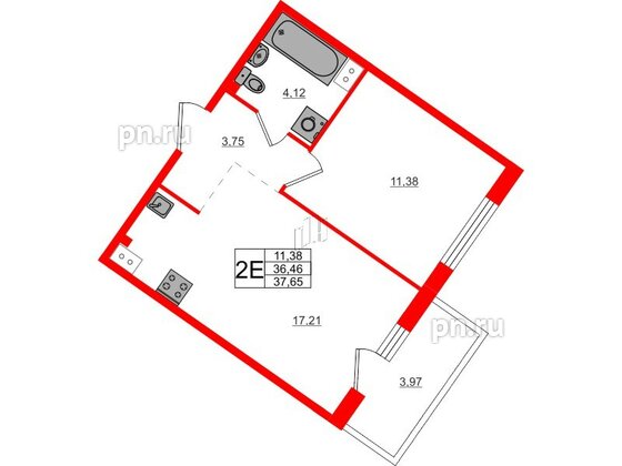 Квартира в ЖК Счастье 2.0, 1 комнатная, 37.65 м², 4 этаж