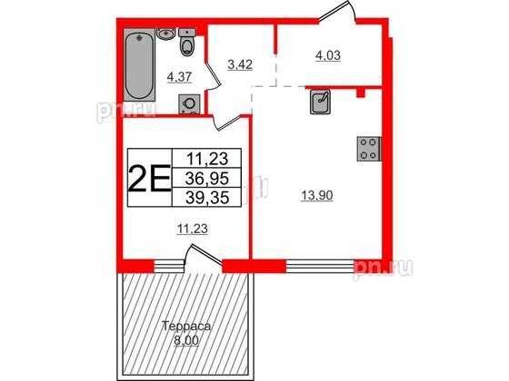 Квартира в ЖК Счастье 2.0, 1 комнатная, 39.35 м², 1 этаж