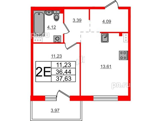 Квартира в ЖК Счастье 2.0, 1 комнатная, 37.63 м², 4 этаж