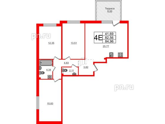 Квартира в ЖК Счастье 2.0, 3 комнатная, 84.96 м², 1 этаж