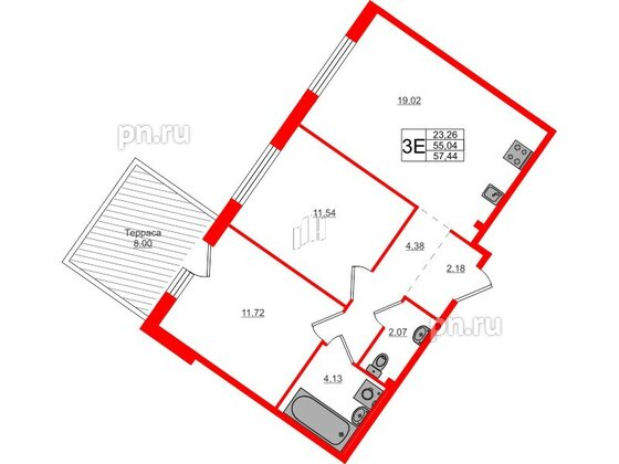 Квартира в ЖК Счастье 2.0, 2 комнатная, 57.44 м², 1 этаж