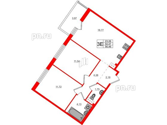 Квартира в ЖК Счастье 2.0, 2 комнатная, 56.46 м², 3 этаж