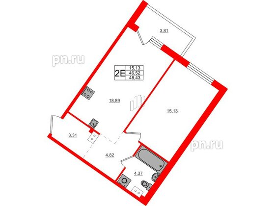 Квартира в ЖК Счастье 2.0, 1 комнатная, 48.43 м², 3 этаж
