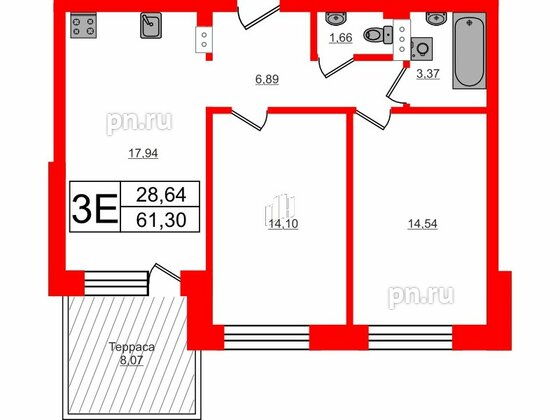 Квартира в ЖК Счастье 2.0, 2 комнатная, 61.3 м², 1 этаж