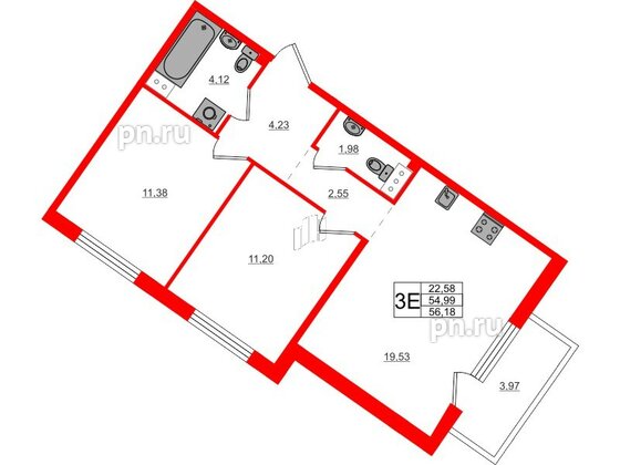 Квартира в ЖК Счастье 2.0, 2 комнатная, 56.18 м², 4 этаж