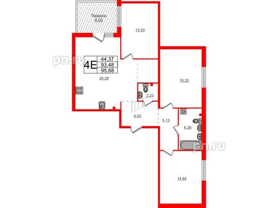 Квартира в ЖК Счастье 2.0, 3 комнатная, 95.88 м², 1 этаж