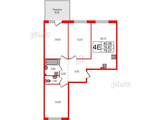 Квартира в ЖК Счастье 2.0, 3 комнатная, 79.27 м², 1 этаж